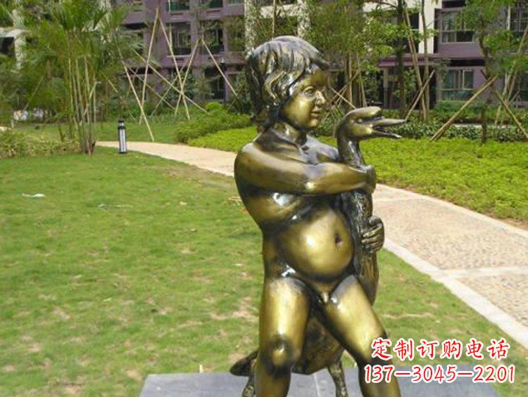 鹤壁抱着鹅的男孩城市玻璃钢仿铜景观雕塑