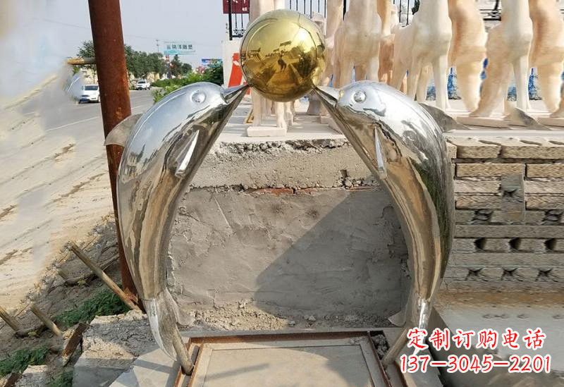 鹤壁不锈钢海豚顶球雕塑