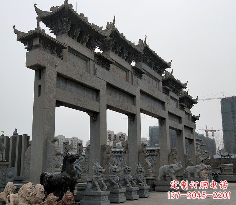 鹤壁大型五门仿古牌坊石雕 (3)