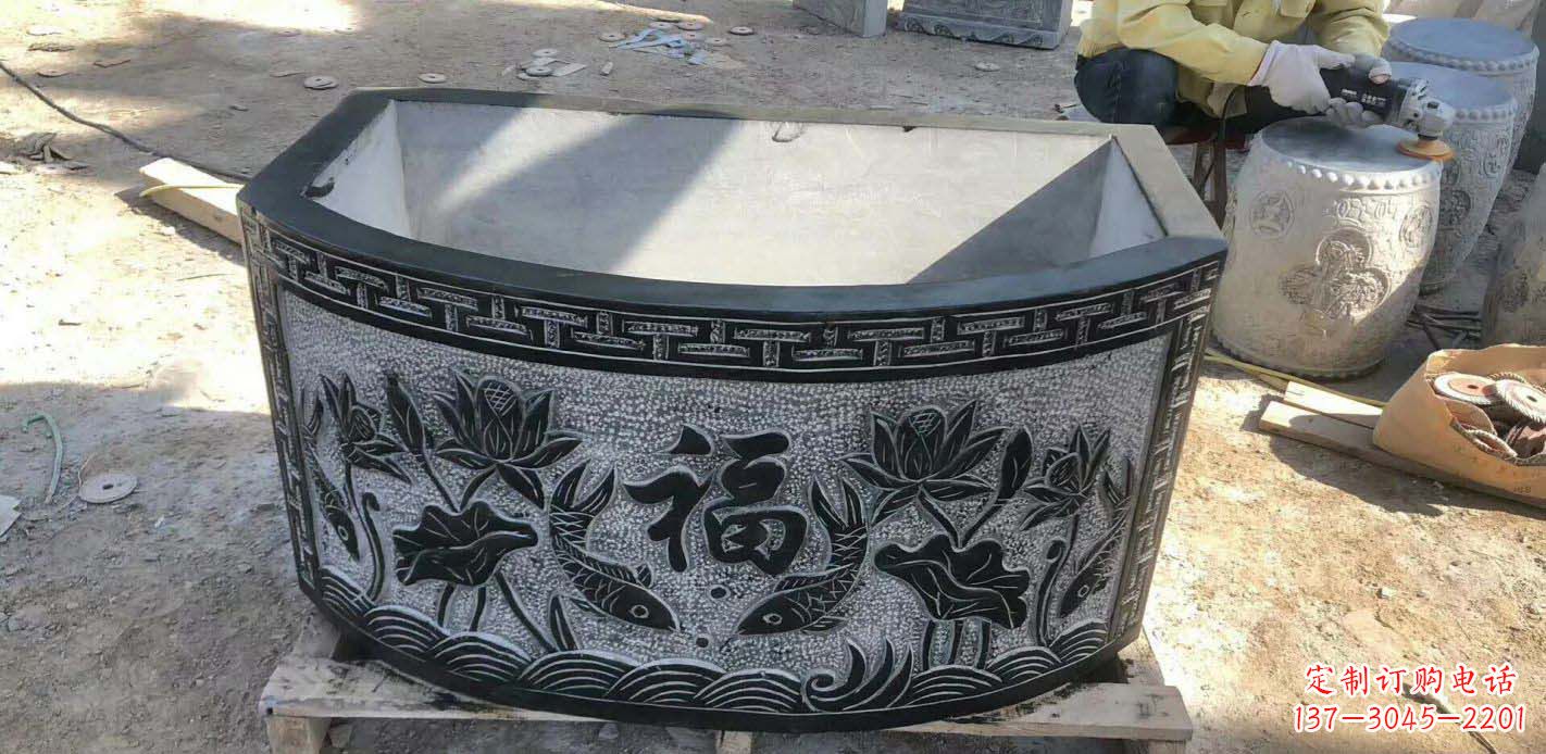 鹤壁精致方口石浮雕水缸雕塑