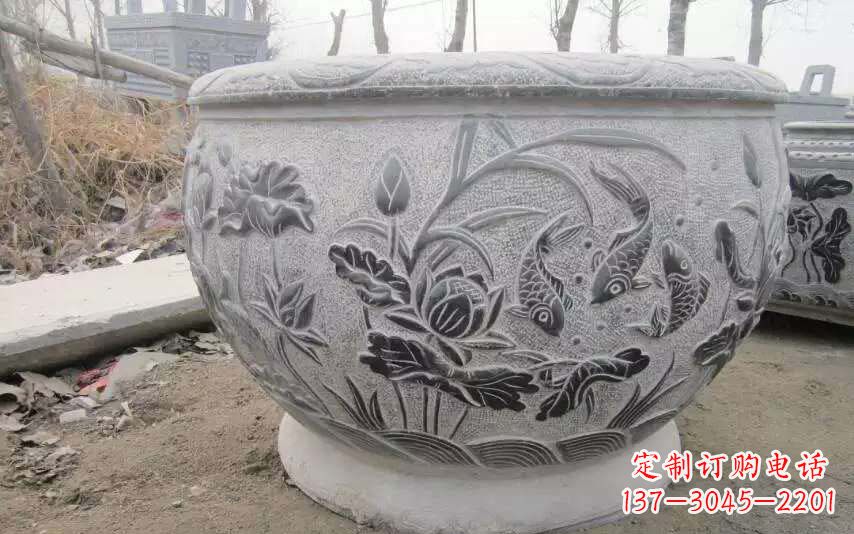 鹤壁仿古雕刻鲤鱼石浮雕水缸