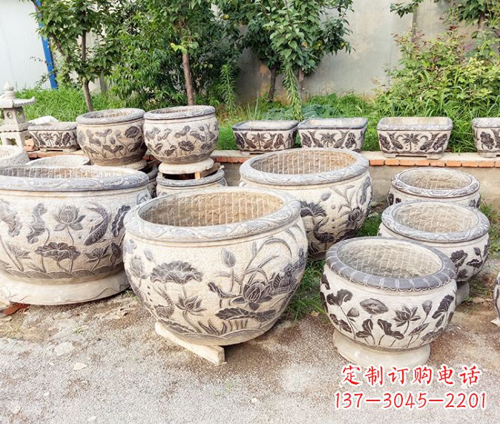 鹤壁仿古荷花鲤鱼石浮雕水缸 (2)