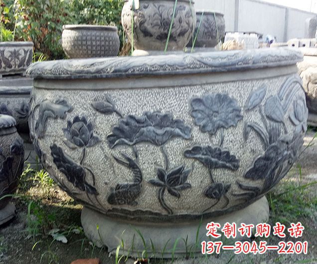 鹤壁中领雕塑仿古荷花石浮雕水缸