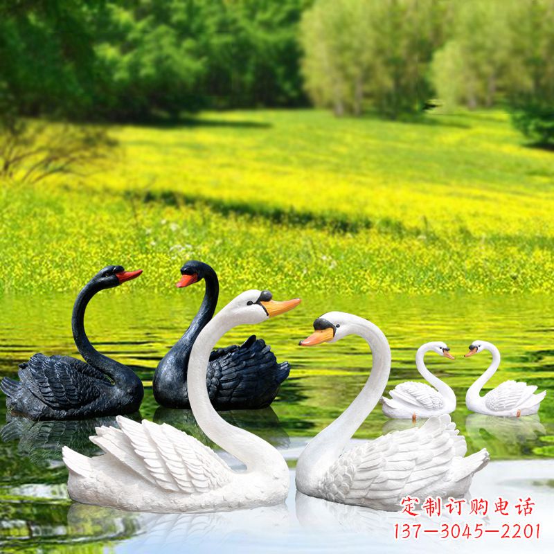 鹤壁仿真天鹅玻璃钢雕塑-黑白天鹅园林水景装饰动物摆件