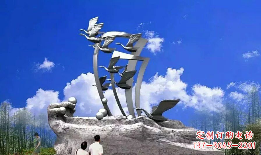 鹤壁艺术家手工制作的不锈钢飞翔天鹅雕塑