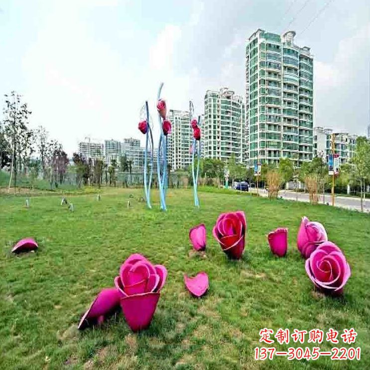 鹤壁公园草坪不锈钢玫瑰装饰花朵雕塑