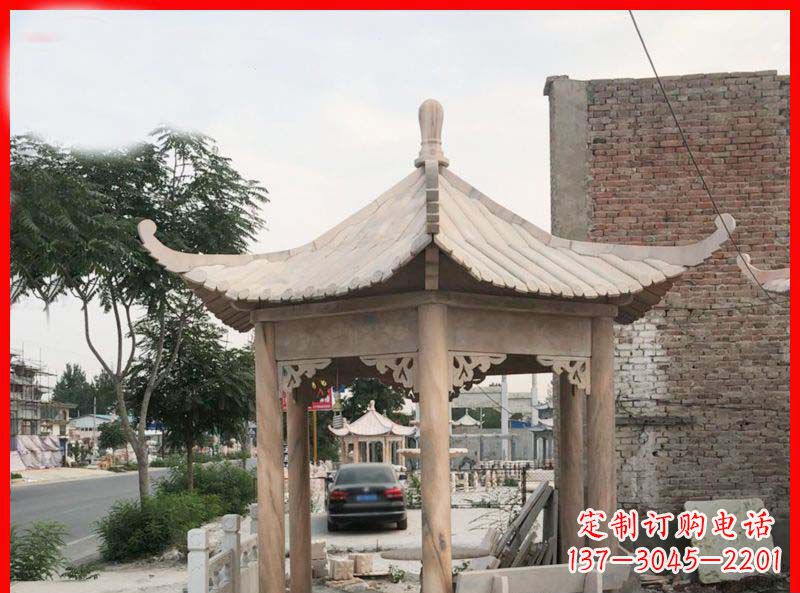 鹤壁公园晚霞红六角石凉亭雕塑