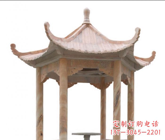 鹤壁美丽而优雅的公园晚霞红六角石凉亭雕塑