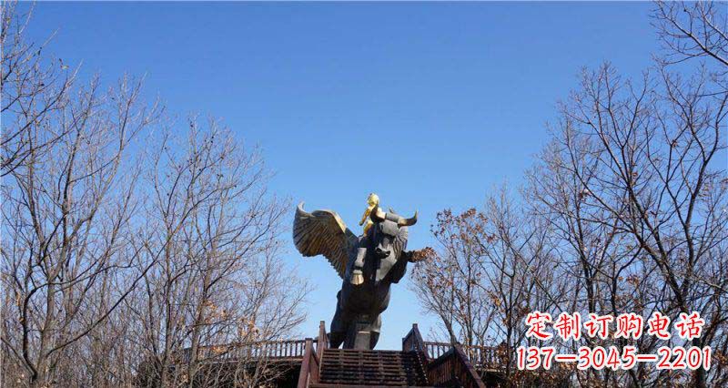 鹤壁公园站在飞牛上的小男孩景观铜雕