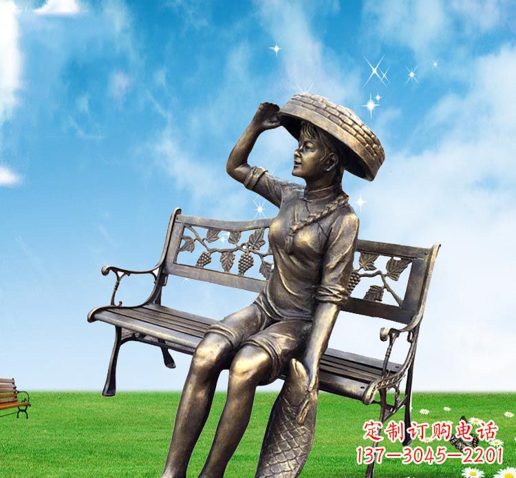 鹤壁公园座椅拿鲤鱼的女孩铜雕