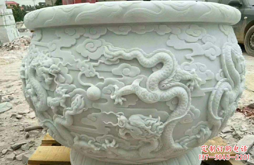 鹤壁汉白玉龙浮雕水缸雕塑