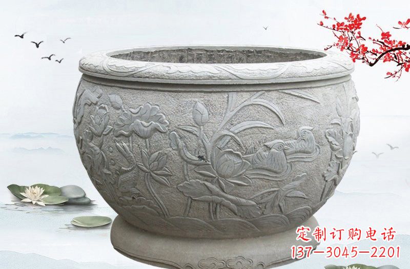 鹤壁连年有余浮雕水缸石雕