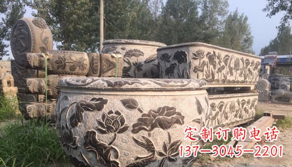 鹤壁连年有余石浮雕仿古圆水缸 (4)