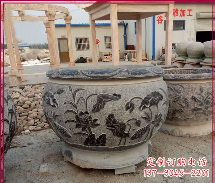 鹤壁连年有余石浮雕仿古圆水缸 (3)