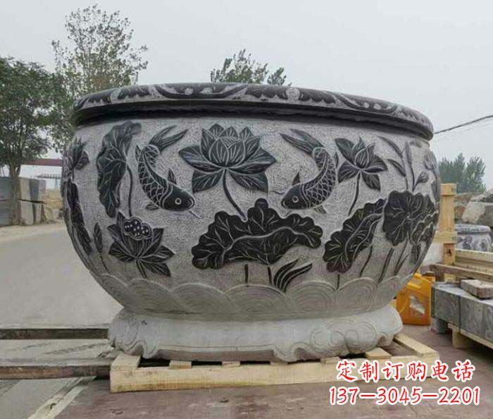 鹤壁连年有余石浮雕仿古圆水缸 (2)