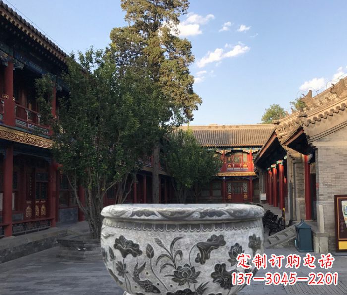 鹤壁连年有鱼石浮雕圆形荷花水缸
