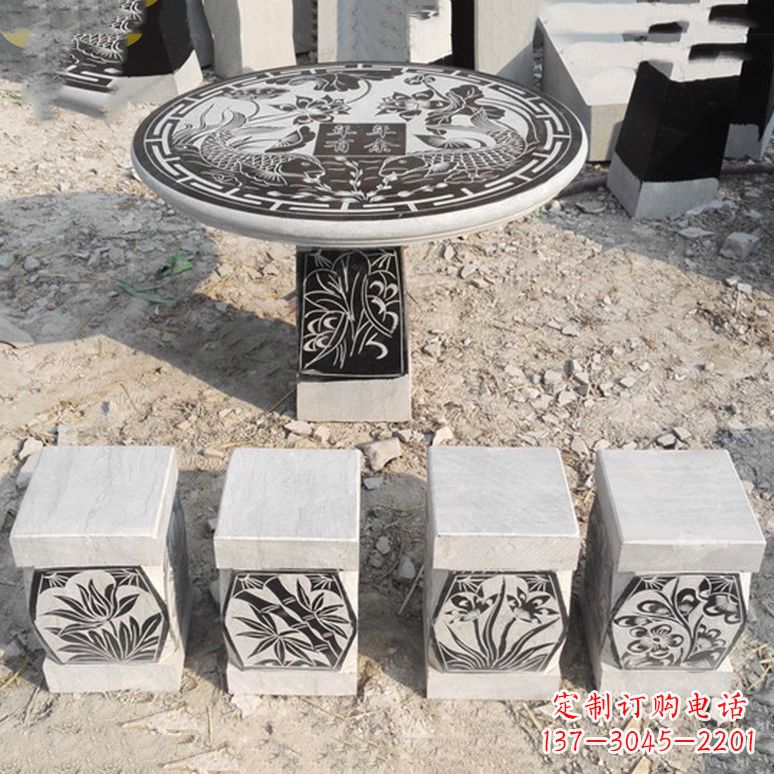 鹤壁梅兰竹菊仿古方石桌凳雕塑,古朴典雅