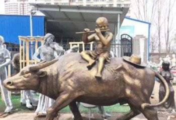 鹤壁专为儿童量身定制的牧童骑在牛背吹笛铜雕