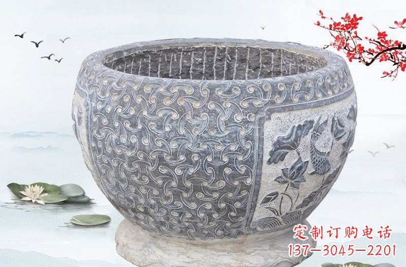 鹤壁青石仿古鲤鱼浮雕水缸,精致雕塑设计