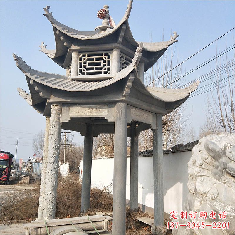 鹤壁典雅精美的青石六角石凉亭雕塑