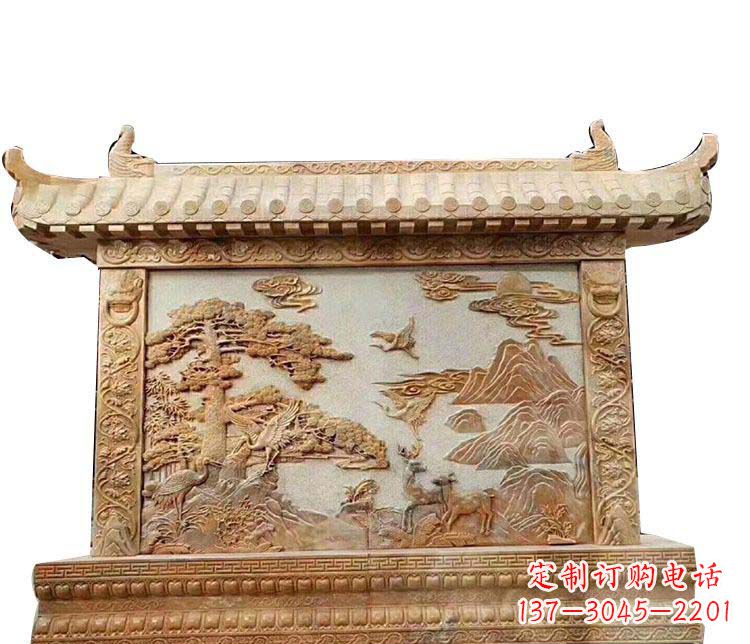 鹤壁石浮雕晚霞红影壁石雕