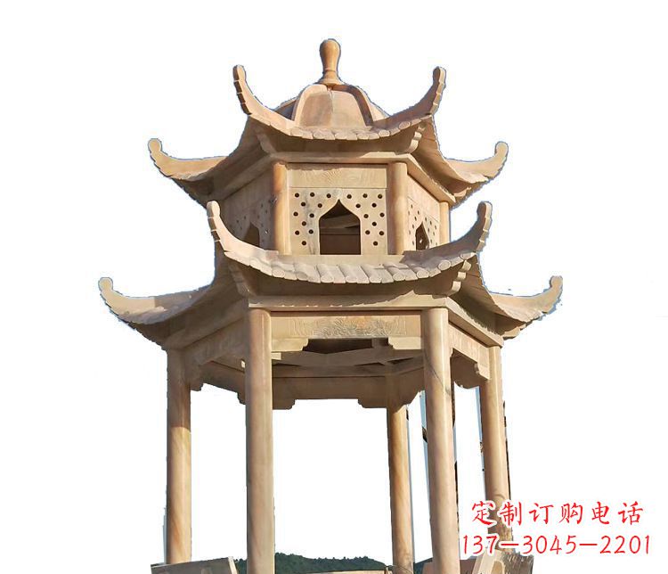 鹤壁双层晚霞红凉亭石雕 (2)