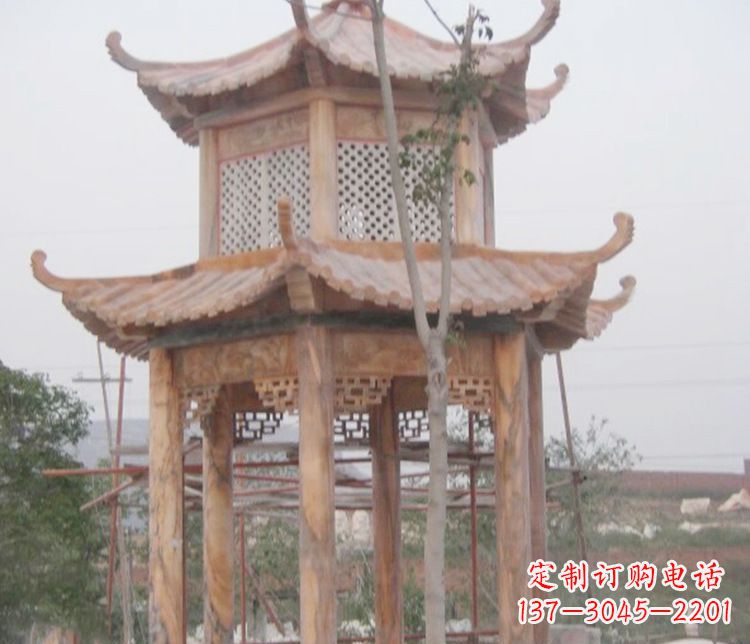 鹤壁双层晚霞红石凉亭石雕 (2)