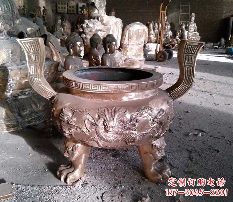鹤壁寺庙龙浮雕圆铜雕香炉