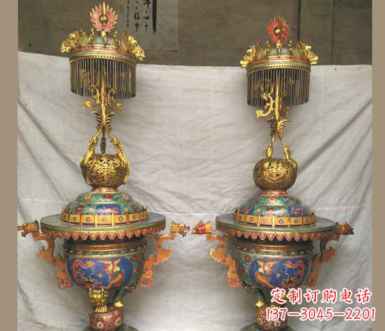鹤壁铜雕彩绘香炉景观摆件