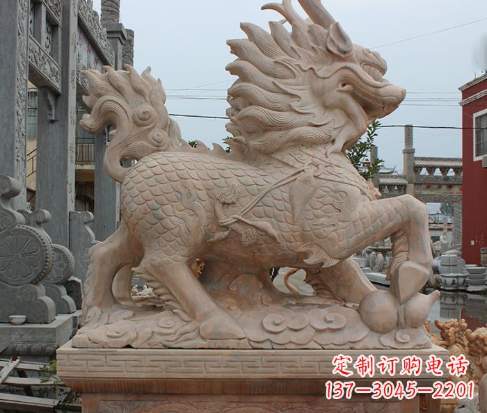 鹤壁晚霞红古代神兽麒麟石雕