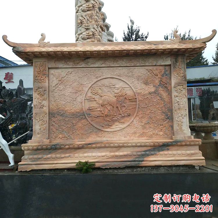鹤壁晚霞红麒麟影壁墙石雕