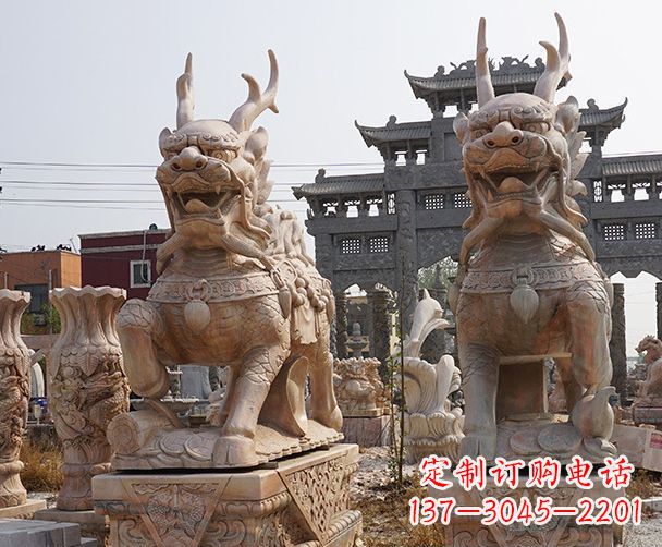 鹤壁晚霞红瑞兽麒麟石雕 (2)