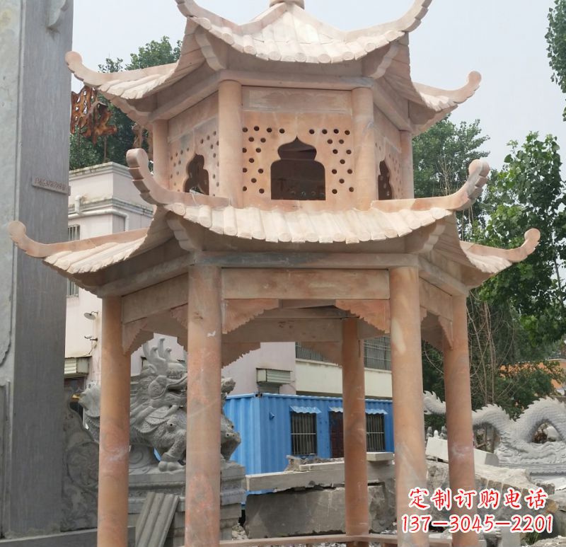 鹤壁晚霞红双层六角凉亭石雕 (2)