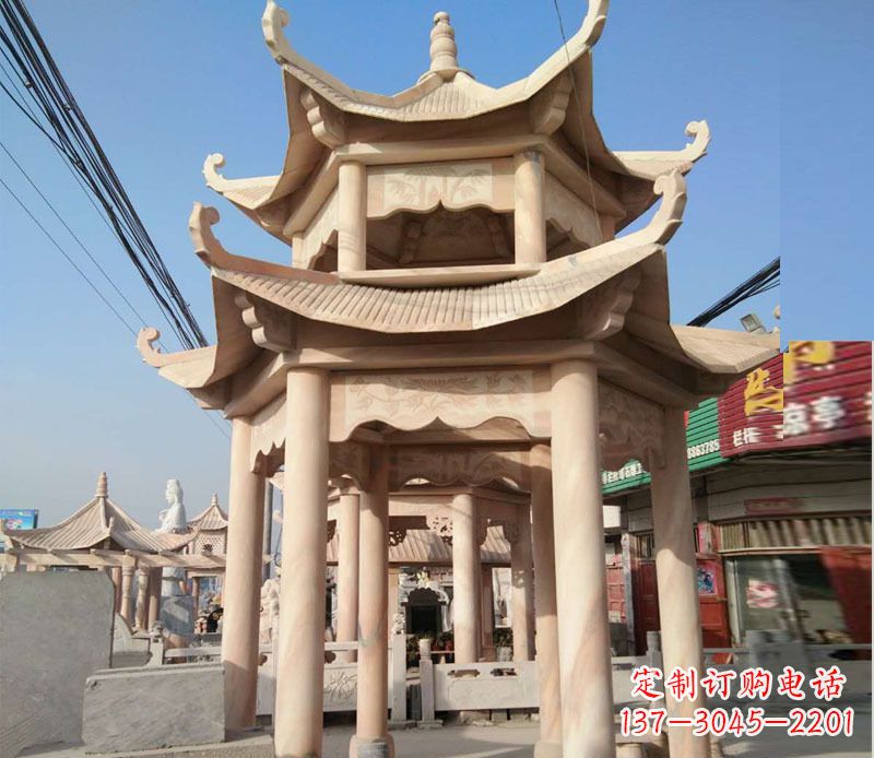 鹤壁晚霞红双层六角凉亭石雕 (3)
