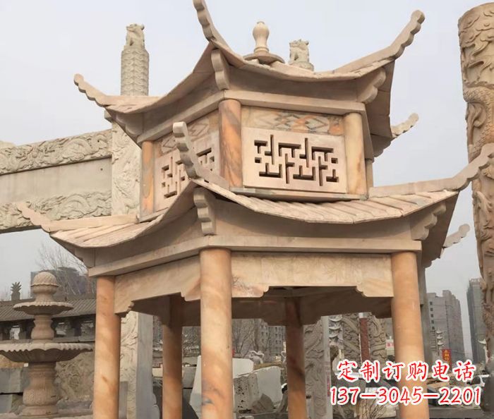 鹤壁晚霞红双层石雕凉亭