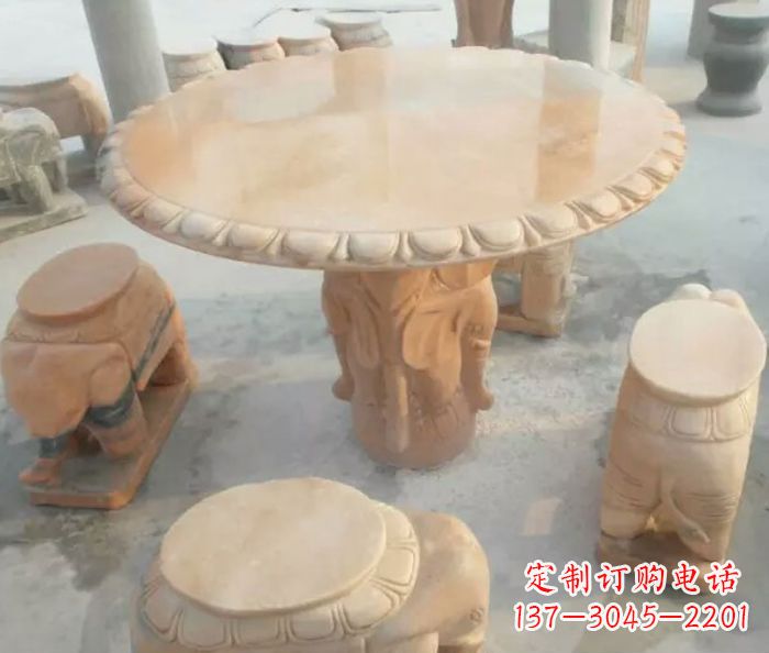 鹤壁晚霞红小象桌凳别墅石雕 (2)