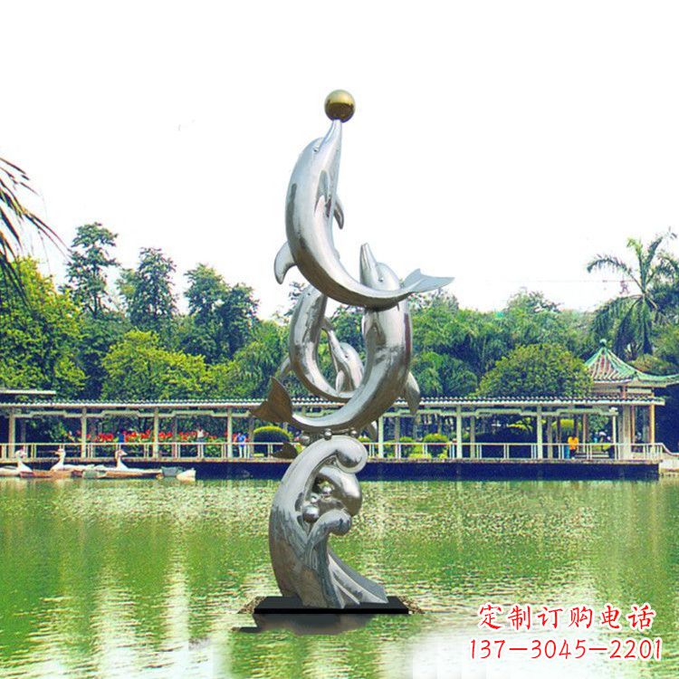 鹤壁戏球不锈钢海豚雕塑-园林水景动物景观