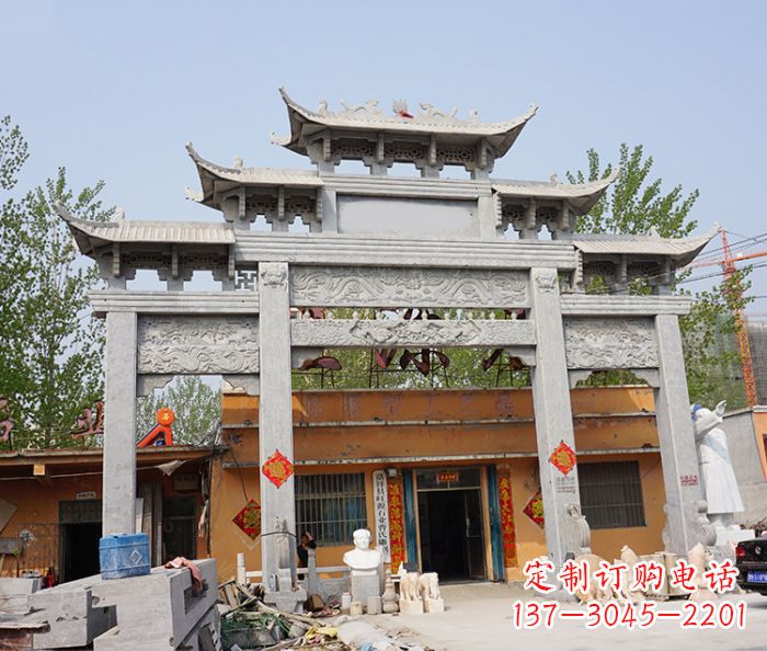 鹤壁园林仿古三门牌坊石雕 (5)