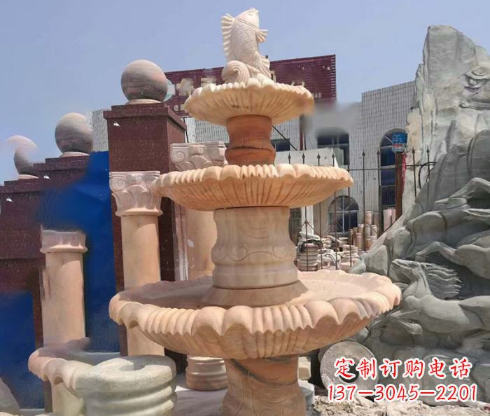 鹤壁园林景观晚霞红鲤鱼喷泉石雕