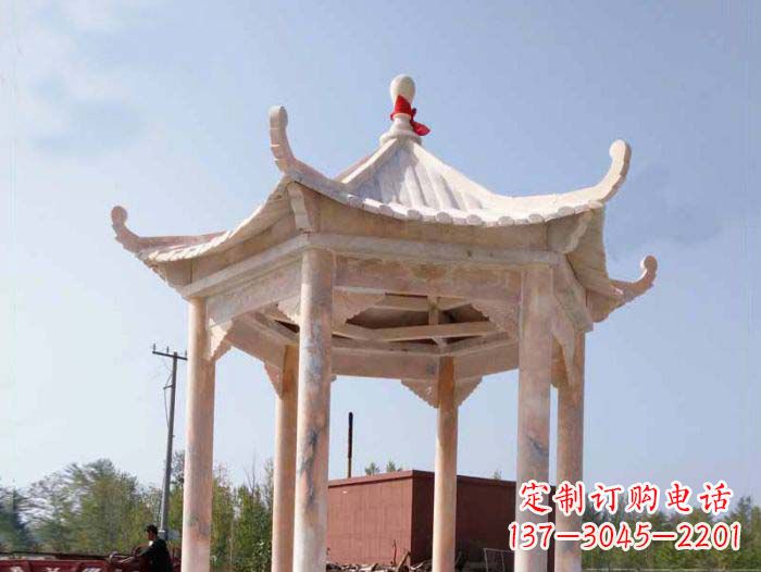 鹤壁园林景观晚霞红六角石雕凉亭