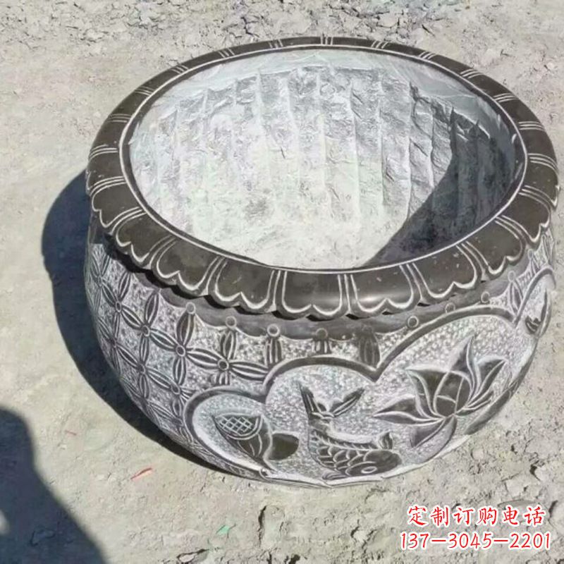 鹤壁园林莲花鱼纹石雕水缸