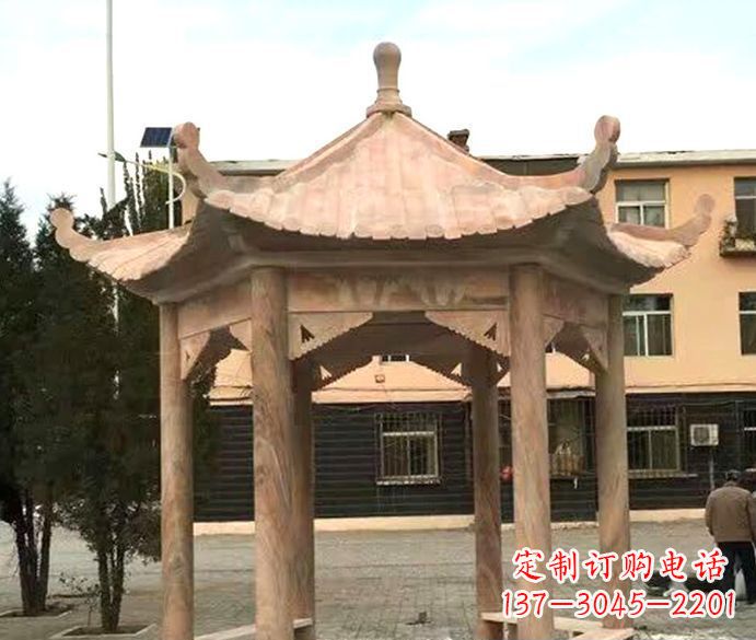 鹤壁园林晚霞红六角石雕凉亭