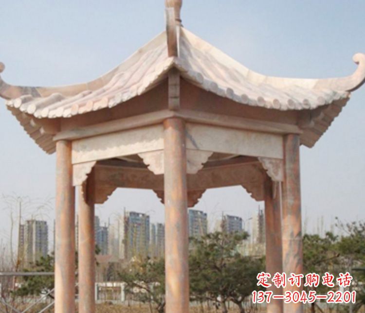 鹤壁园林晚霞红六角石凉亭景观石雕