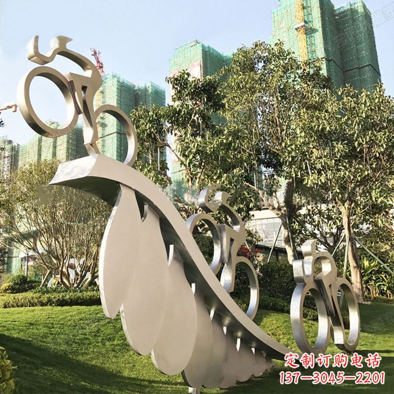 鹤壁自行车雕塑-抽象不锈钢骑自行车人物景观雕塑